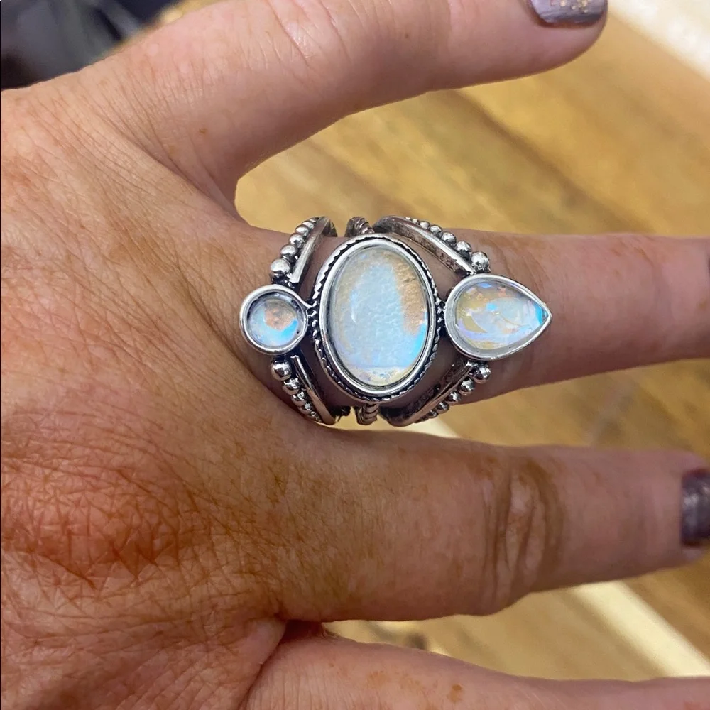 Rainbow Moonstone Boho Chunky Statement Ring Mystic Cottagecore Fairycore Boho